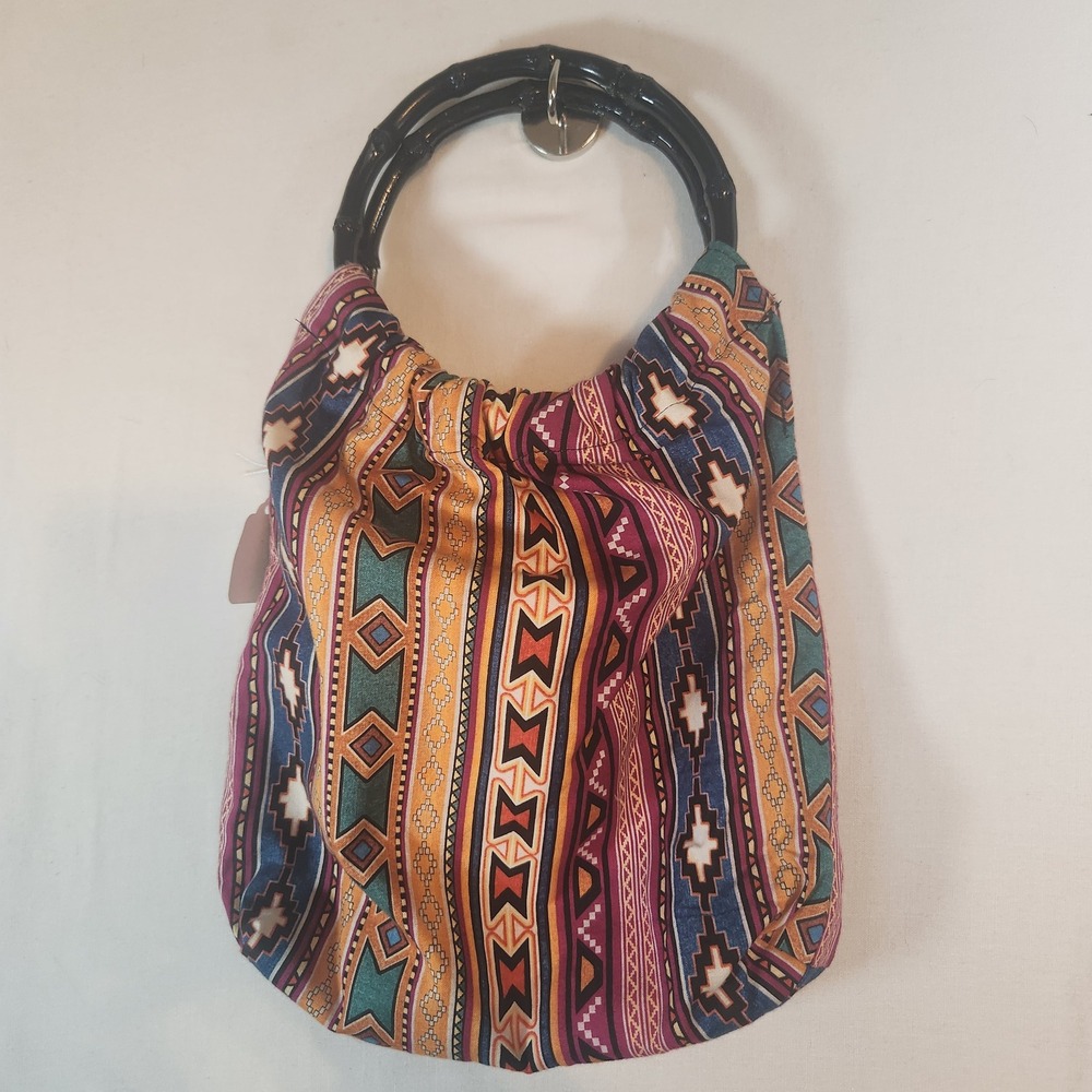 Handmade Boho Tribal Geometric Print Hobo Bag with Bamboo Multicolor